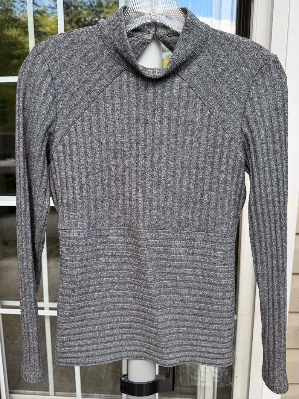 bebe Gray Ribbed Mock Neck Open-Back Long Sleeve Top